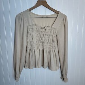 Altar'd State Julie Waffle Knit Smocked Peplum Peasant Sleeve Square Neck Top L